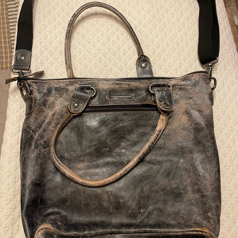 Bed Stu Distressed Leather Messenger Bag - Black and Brown - Picture 2 of 3